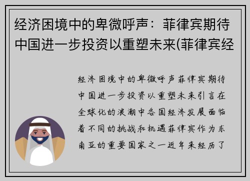 经济困境中的卑微呼声：菲律宾期待中国进一步投资以重塑未来(菲律宾经济崛起)